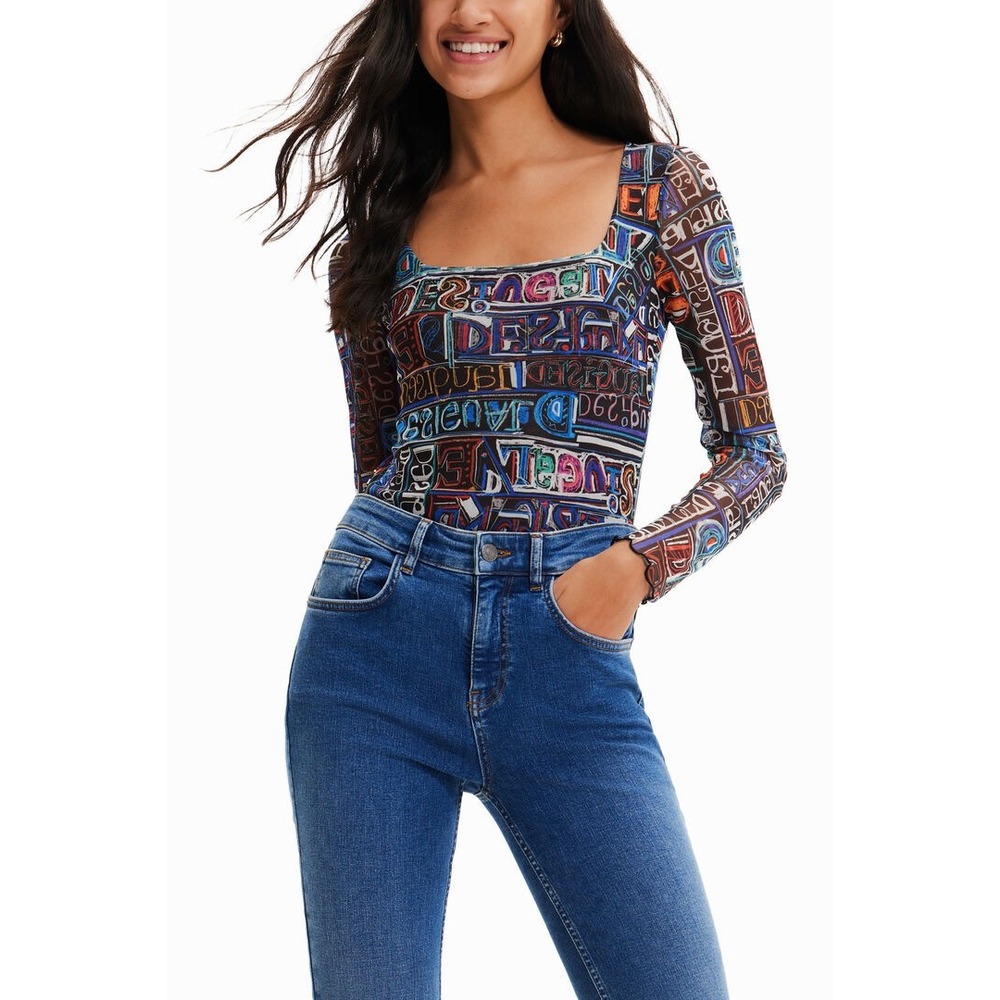 Desigual x Mariscal Mesh Typographic Print Bodysuit Square Neck Multi Size Large
